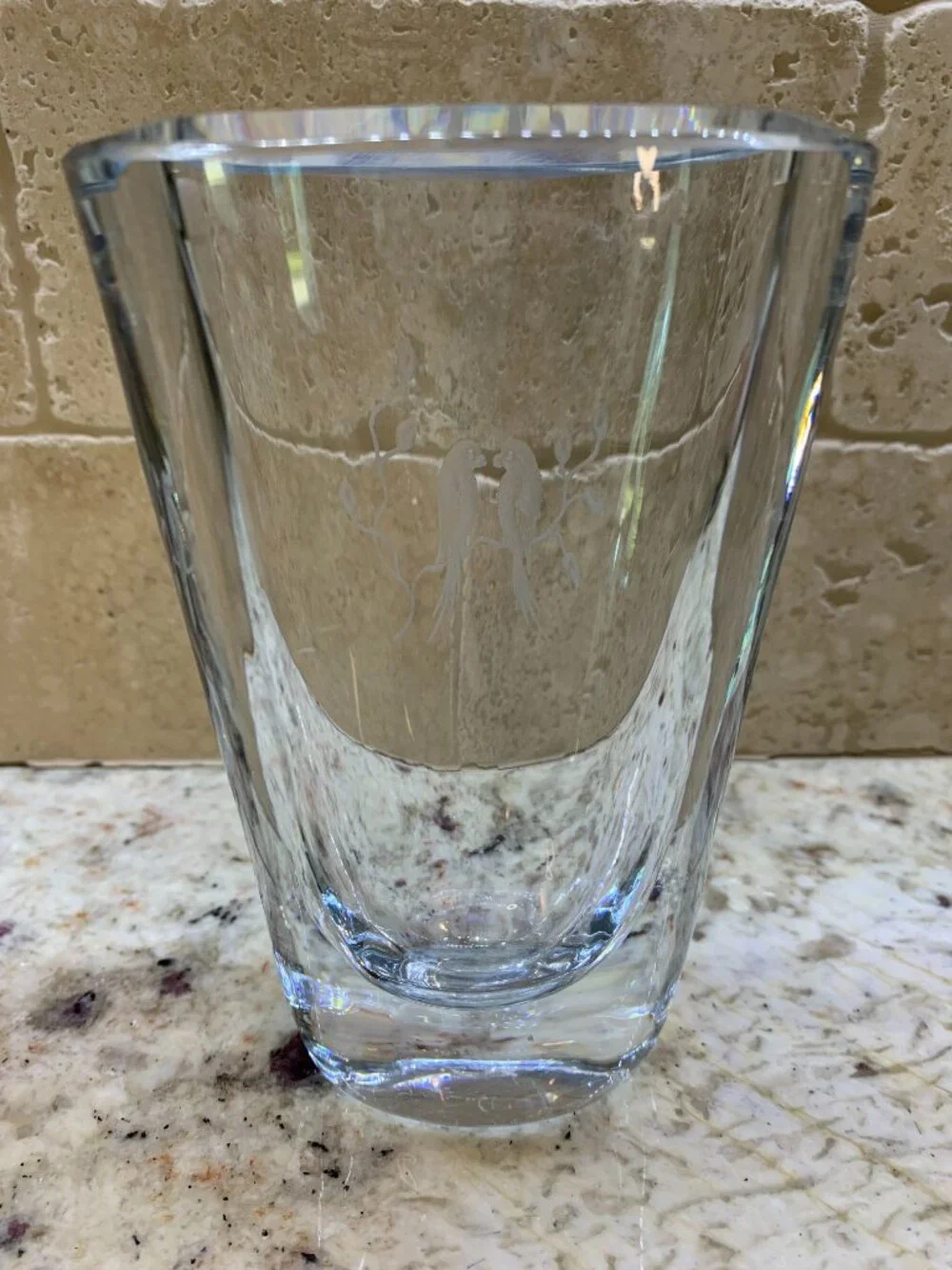Vintage Strombergshyttan Crystal Vase Lovebirds